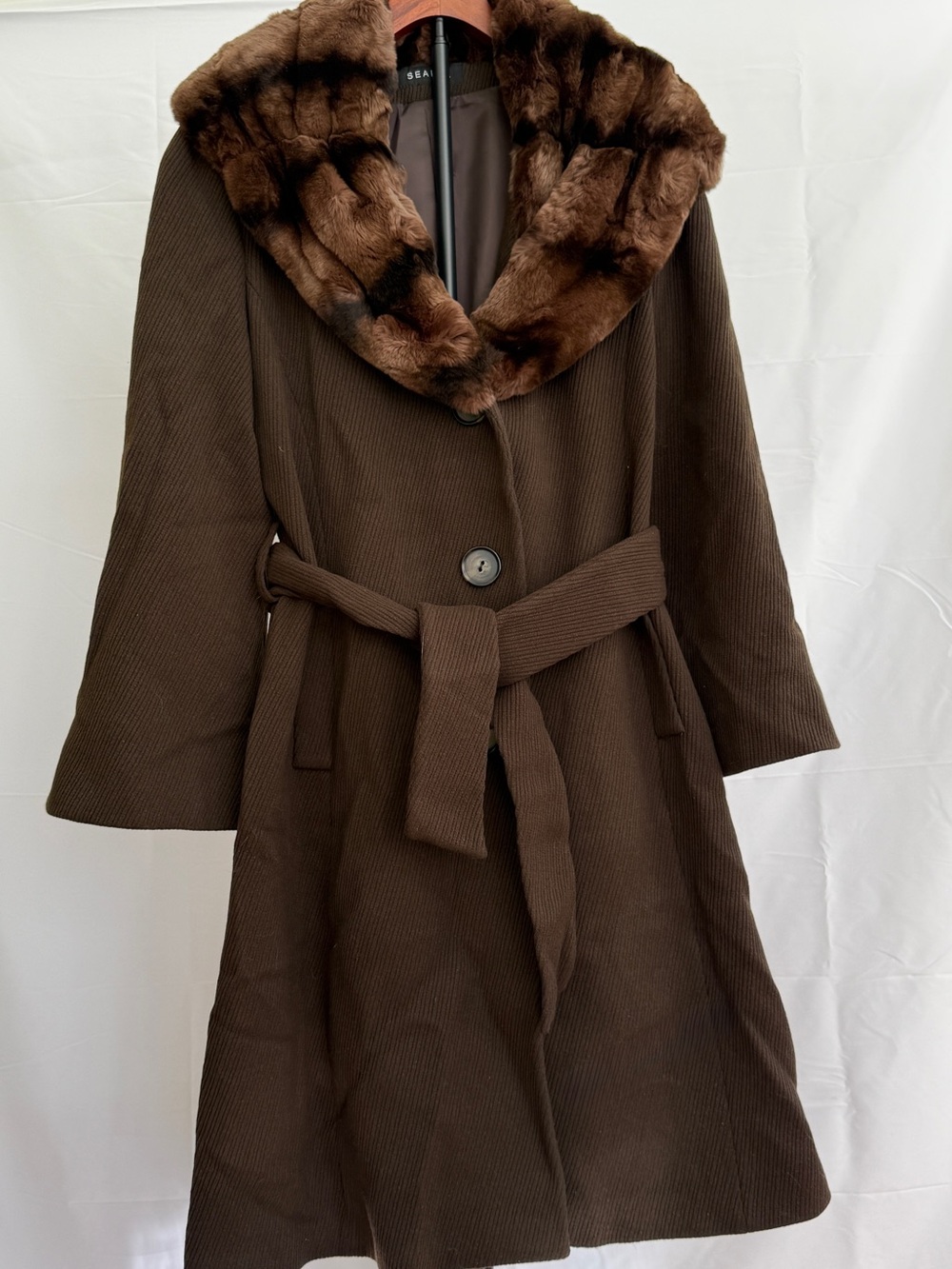 Searle Brown Wool-Blend Coat with Fur Shawl Collar